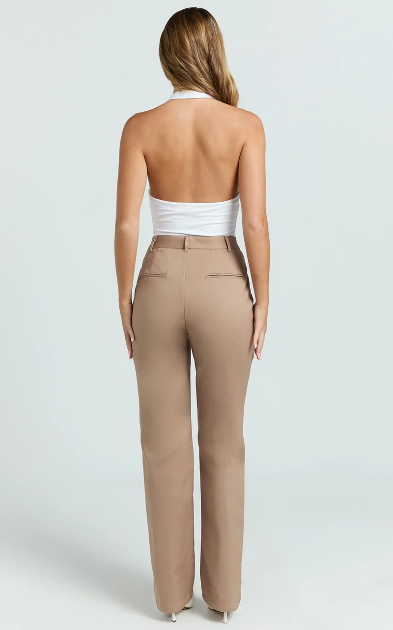 Carolyn Pants - High Waist Slim Straight Leg Tailored Pants in Mocha