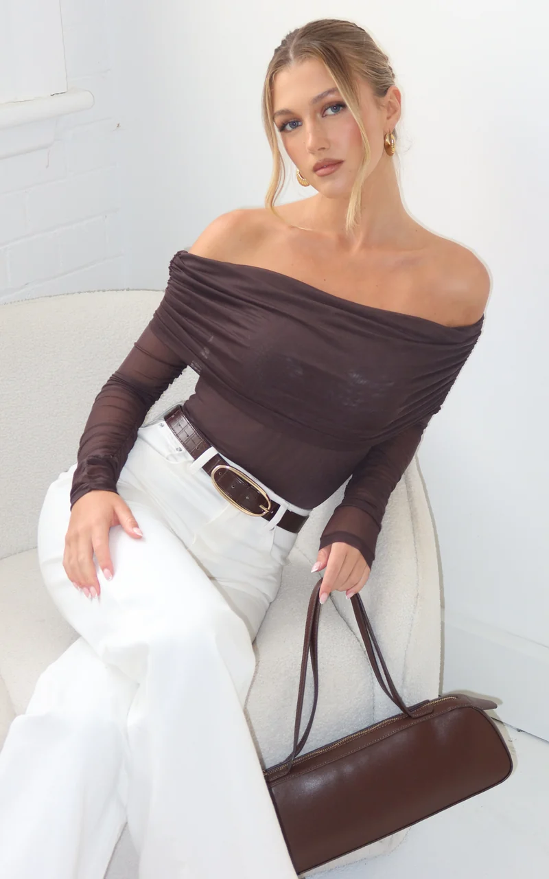 Jaythen Bodysuit - Long Sleeve Off Shoulder Ruched Mesh Bodysuit in Chocolate