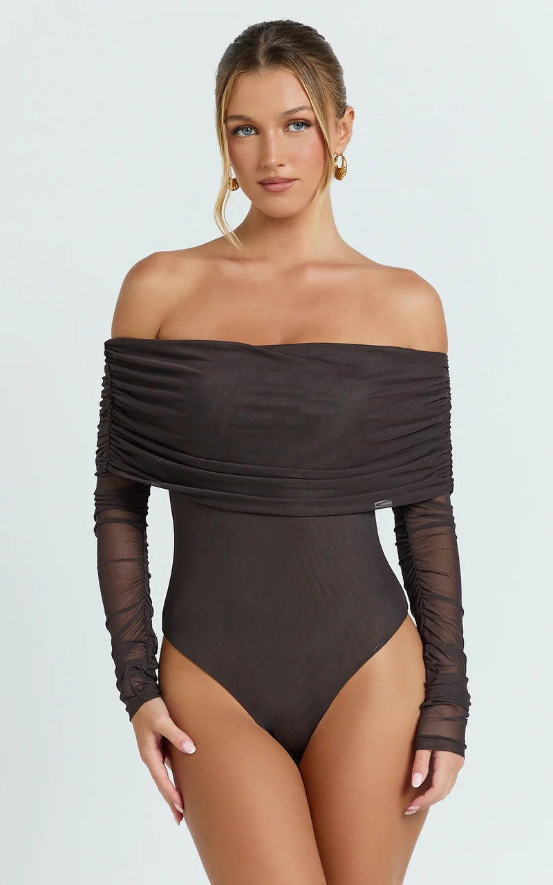 Jaythen Bodysuit - Long Sleeve Off Shoulder Ruched Mesh Bodysuit in Chocolate