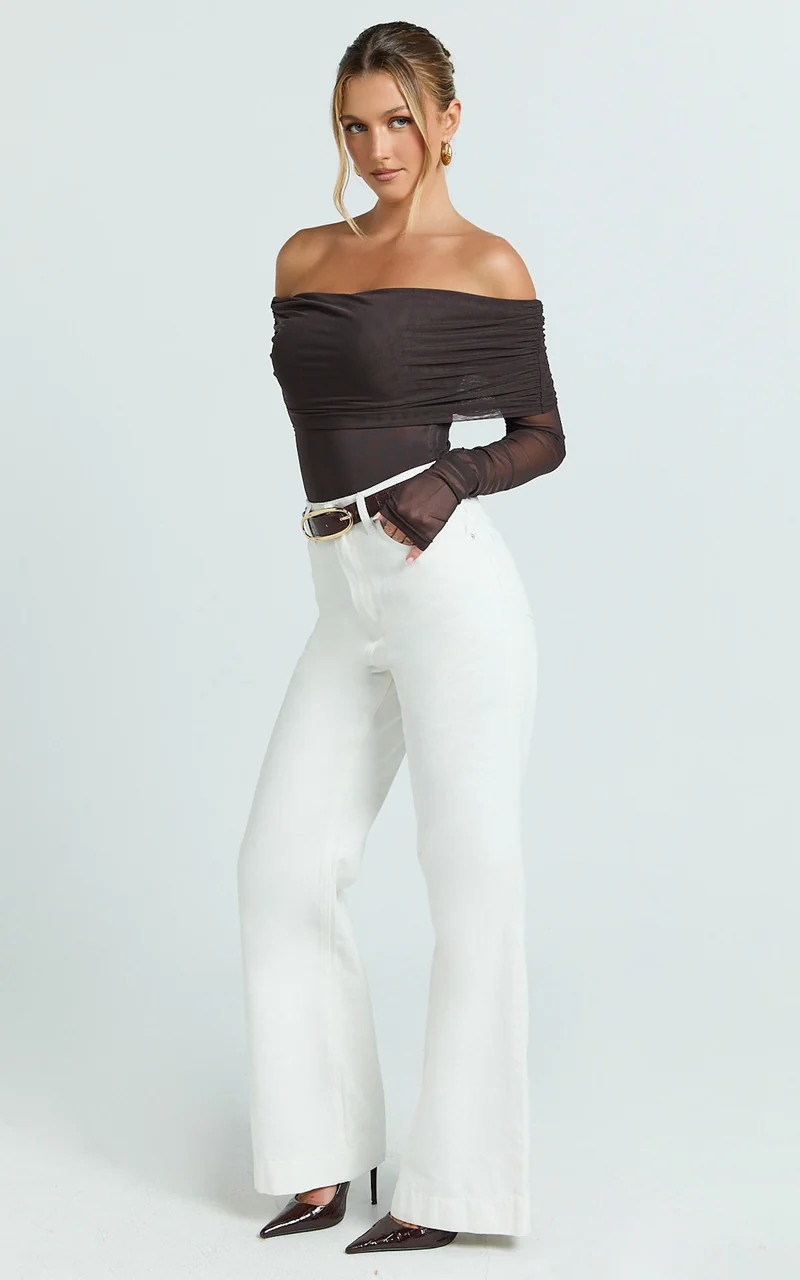 Jaythen Bodysuit - Long Sleeve Off Shoulder Ruched Mesh Bodysuit in Chocolate