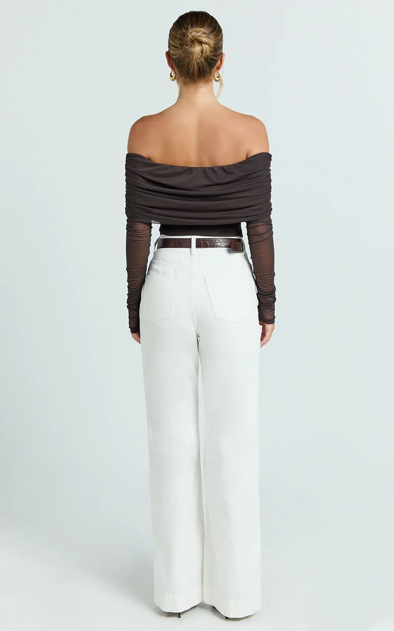 Jaythen Bodysuit - Long Sleeve Off Shoulder Ruched Mesh Bodysuit in Chocolate