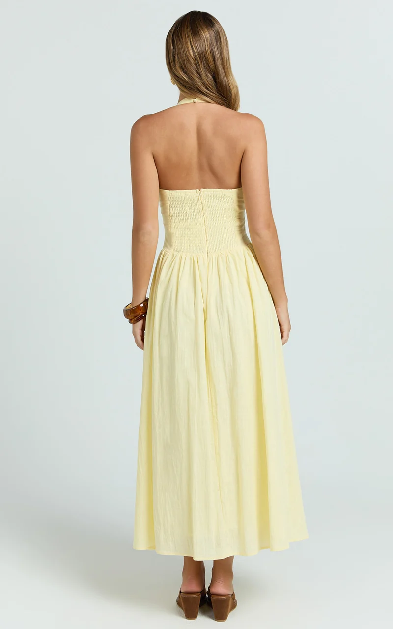 Athena Midi Dress - Halter Drop Waist Dress in Lemon