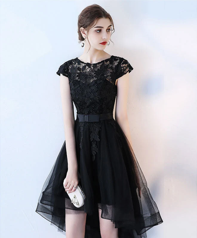 Robe de soirée courte et élégante en dentelle noire, coupe haute et basse