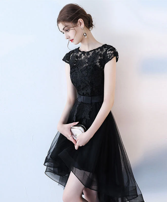 Robe de soirée courte et élégante en dentelle noire, coupe haute et basse