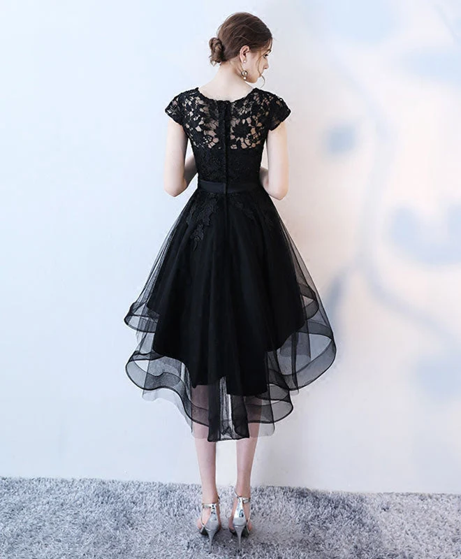 Robe de soirée courte et élégante en dentelle noire, coupe haute et basse
