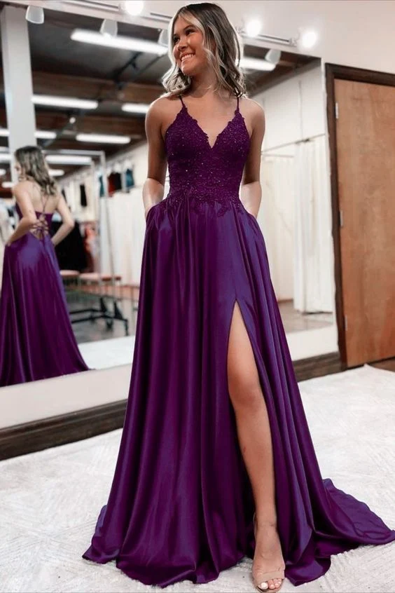 Robe de bal élégante longue en satin à col en V et dentelle