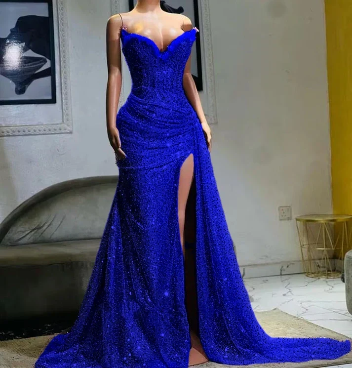 Robe de mariée sirène de soirée fendue haute et perlée violet clair