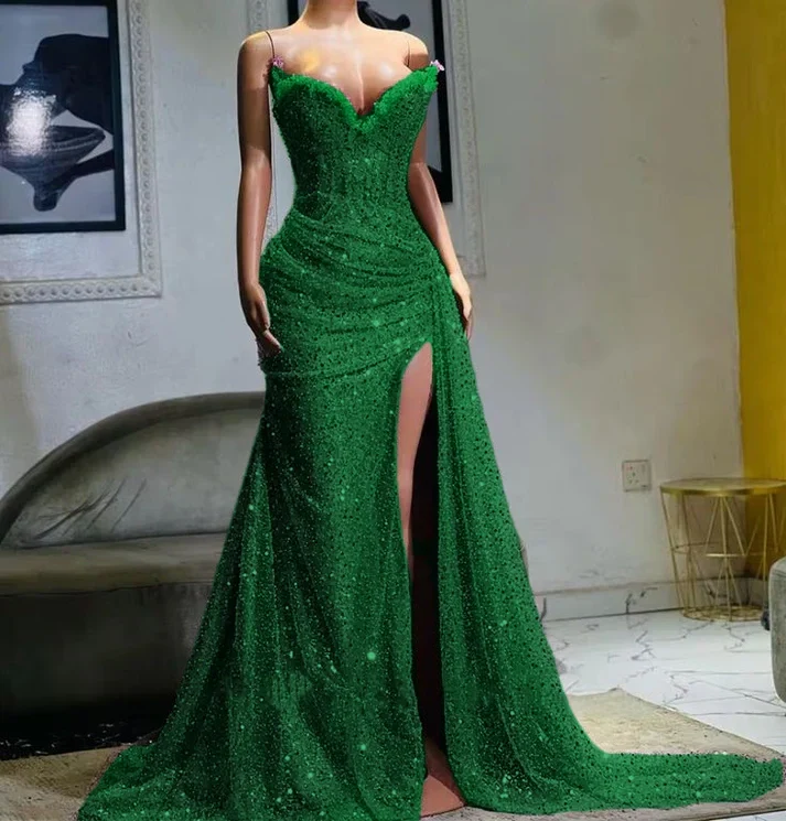 Robe de mariée sirène de soirée fendue haute et perlée violet clair