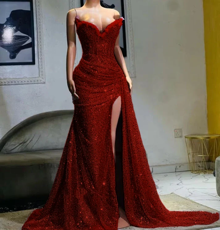 Robe de mariée sirène de soirée fendue haute et perlée violet clair