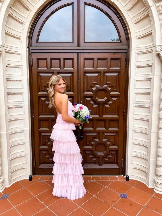 Robe de bal longue rose trapèze, ravissante et unique