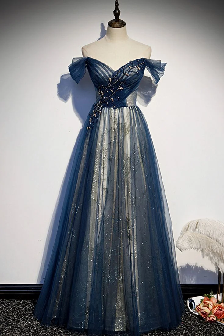Robe de soirée élégante en tulle, longue et épaules dénudées