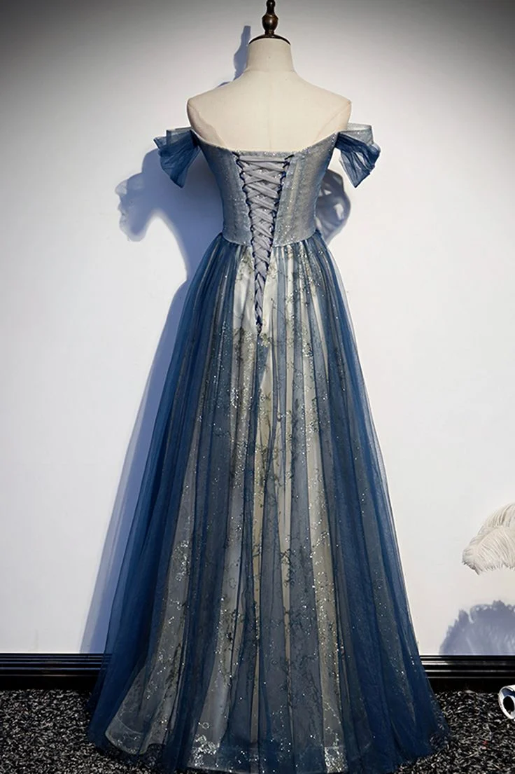 Robe de soirée élégante en tulle, longue et épaules dénudées
