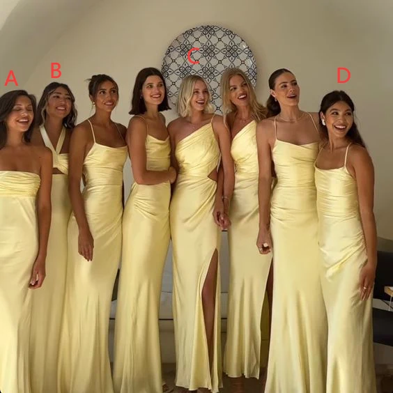 Robe de bal longue en satin jaune pour demoiselles d'honneur