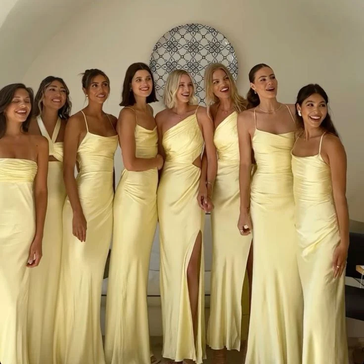 Robe de bal longue en satin jaune pour demoiselles d'honneur