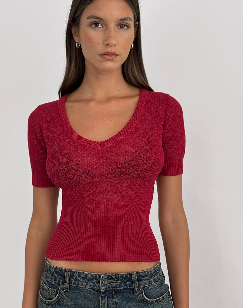 Haut Yura en maille pointelle rouge foncé