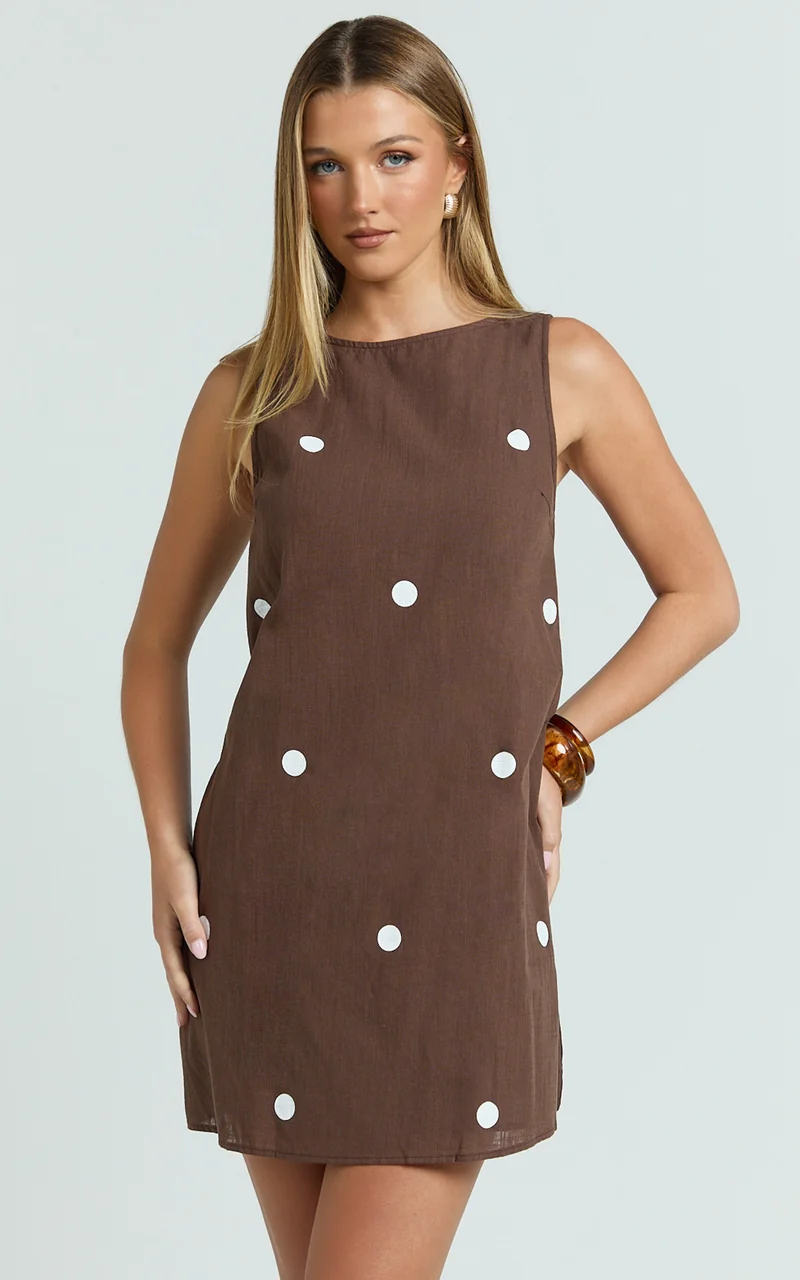 Kate Mini Dress - Shift Dress in Chocolate Polka Dot