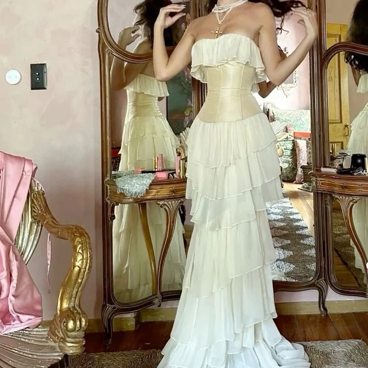Robe de bal longue bustier en mousseline de soie pour femme