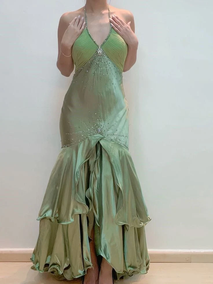 Robe de soirée longue verte vintage perlée
