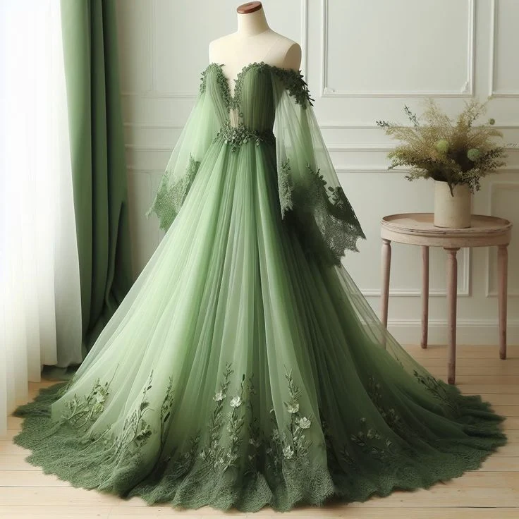 Robe de mariée verte en dentelle avec décolleté en V et épaules dénudées