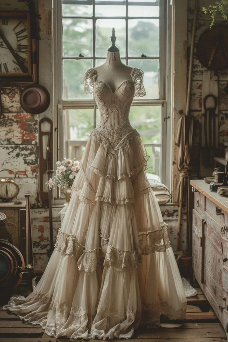 Superbe robe de soirée longue en tulle à volants et décolleté en cœur