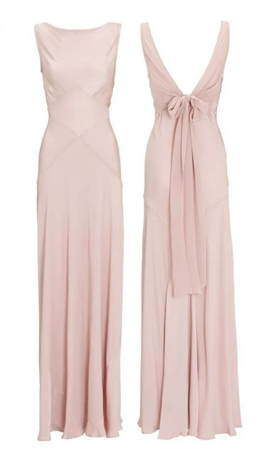 Robe de bal longue élégante en mousseline rose avec dos en V
