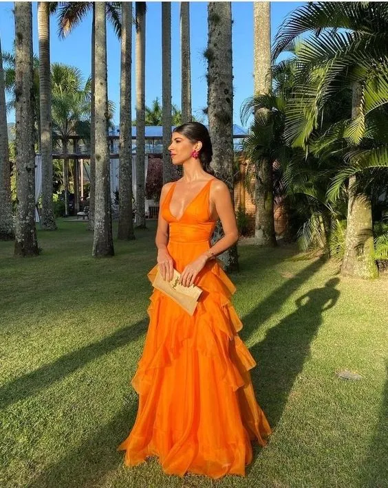 Superbes robes de soirée orange sans manches pour bal de promo
