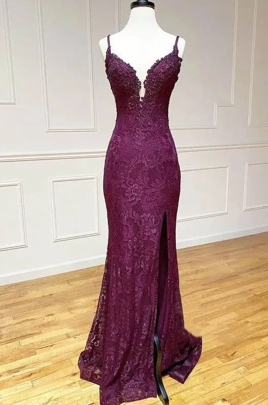 Robe de soirée sirène trompette à bretelles spaghetti en dentelle raisin et perles