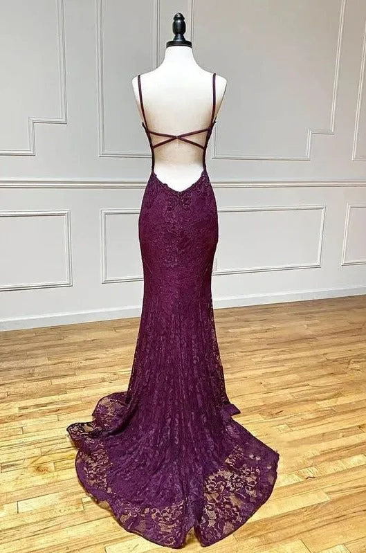 Robe de soirée sirène trompette à bretelles spaghetti en dentelle raisin et perles