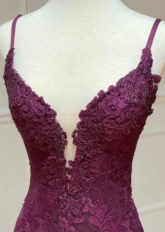 Robe de soirée sirène trompette à bretelles spaghetti en dentelle raisin et perles