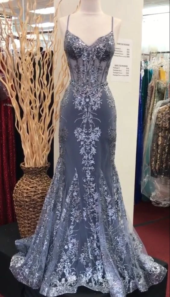 Robe de bal sirène en dentelle à col en V, robe de soirée longue
