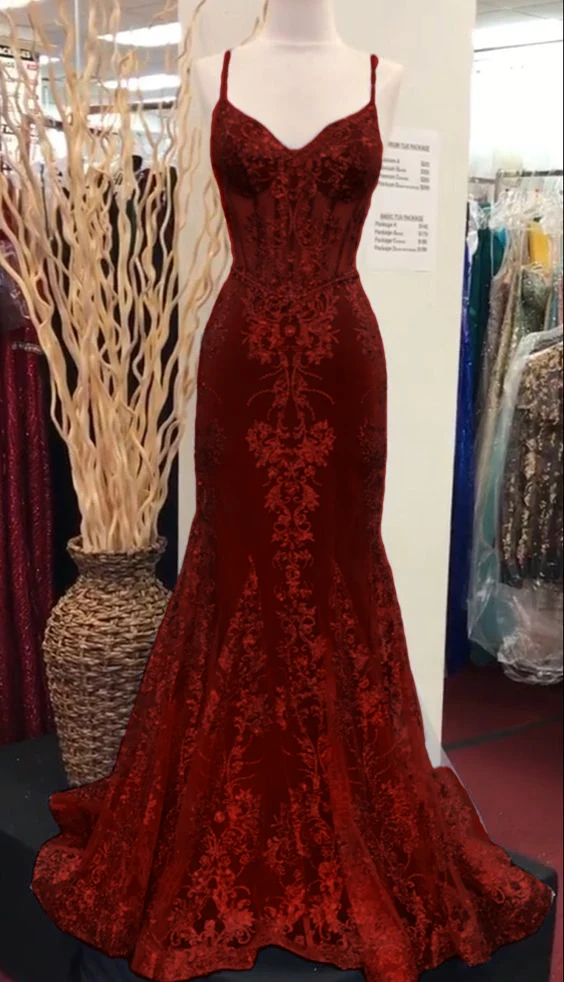 Robe de bal sirène en dentelle à col en V, robe de soirée longue