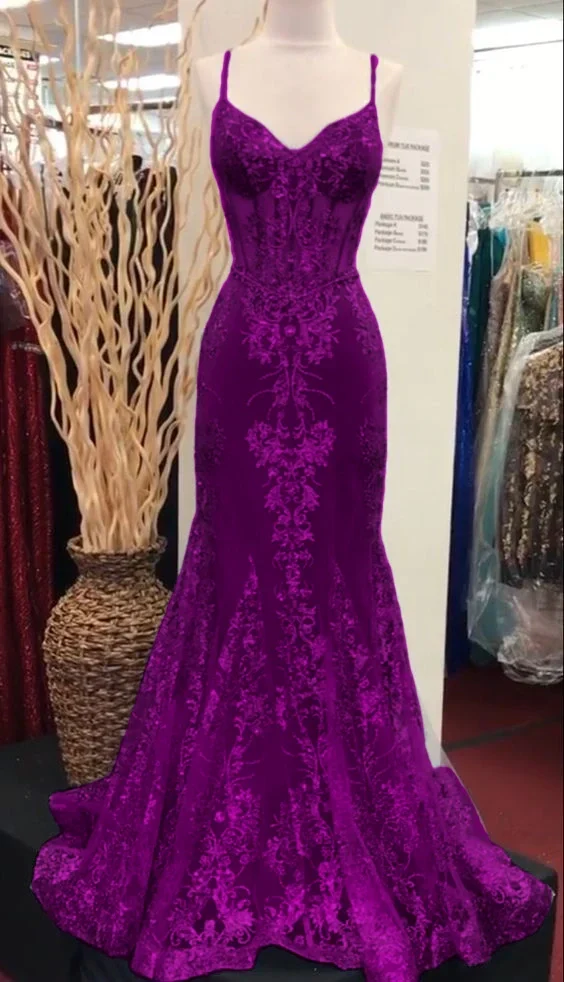 Robe de bal sirène en dentelle à col en V, robe de soirée longue