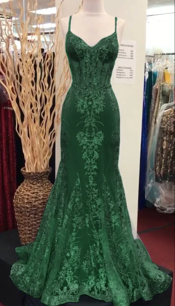 Robe de bal sirène en dentelle à col en V, robe de soirée longue