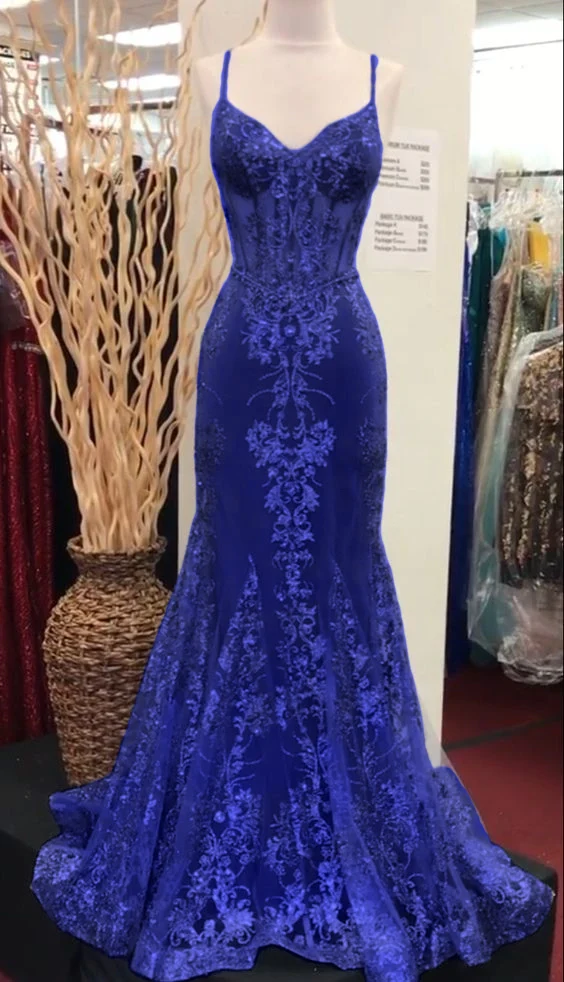 Robe de bal sirène en dentelle à col en V, robe de soirée longue