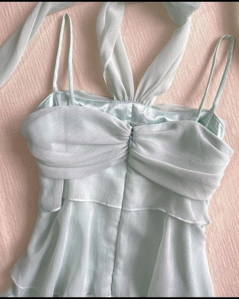Robe de soirée vintage en mousseline froncée à volants