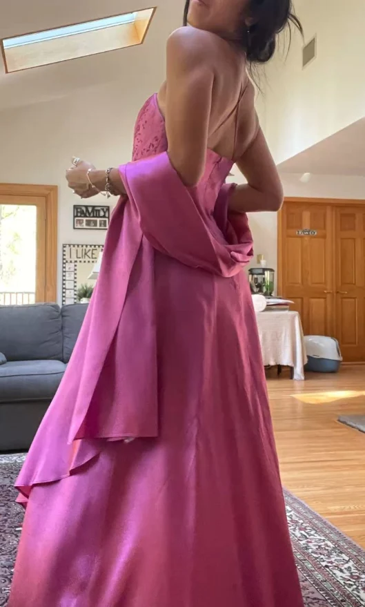 Superbe robe de bal rose trapèze perlée, robe de soirée longue