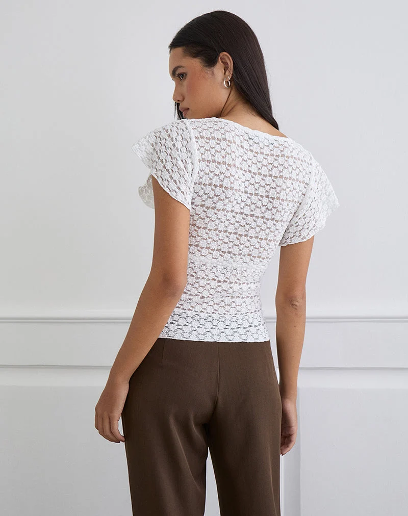 Haut boutonné à col en V Yeslin en dentelle blanche
