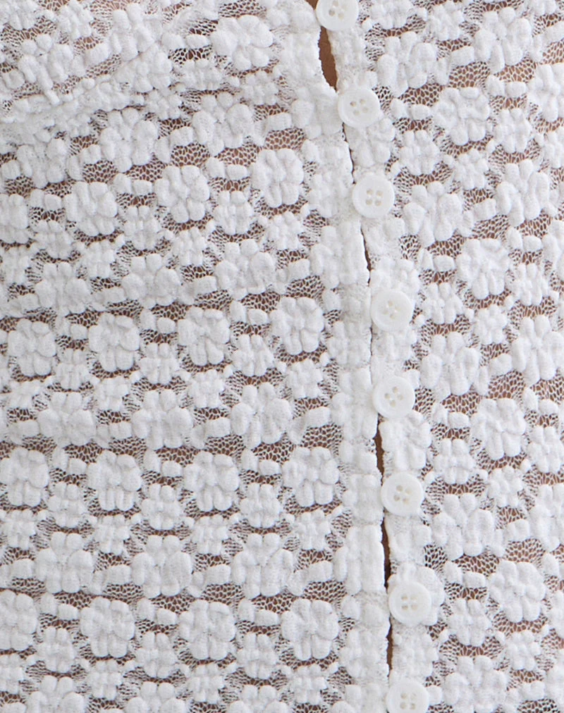 Haut boutonné à col en V Yeslin en dentelle blanche