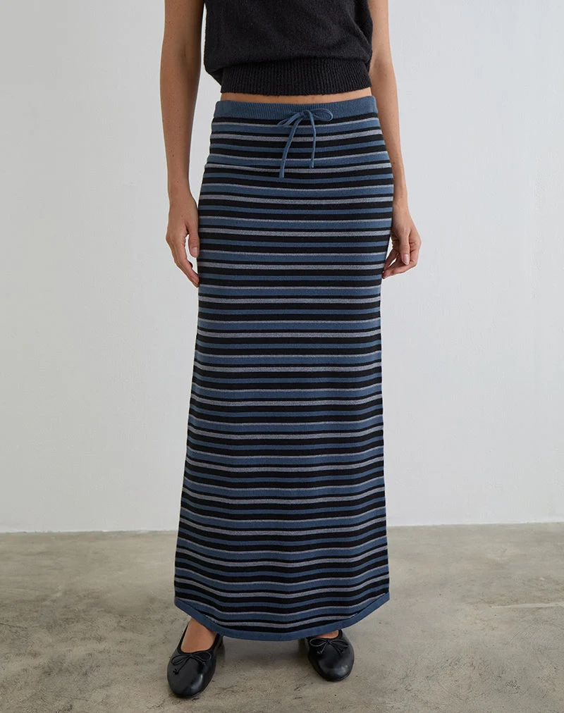 Jupe longue Tarmina en maille rayée bleue et grise