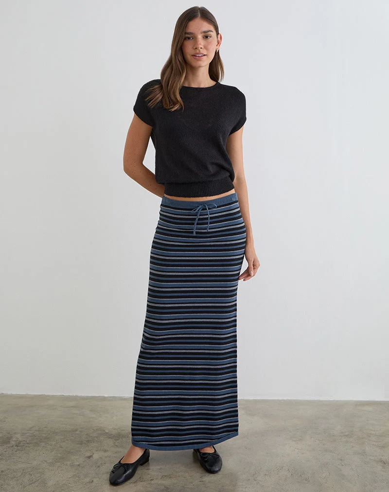 Jupe longue Tarmina en maille rayée bleue et grise
