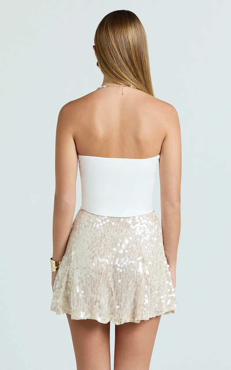 Hansen Mini Skirt - Godet Sequin Skirt in Ivory
