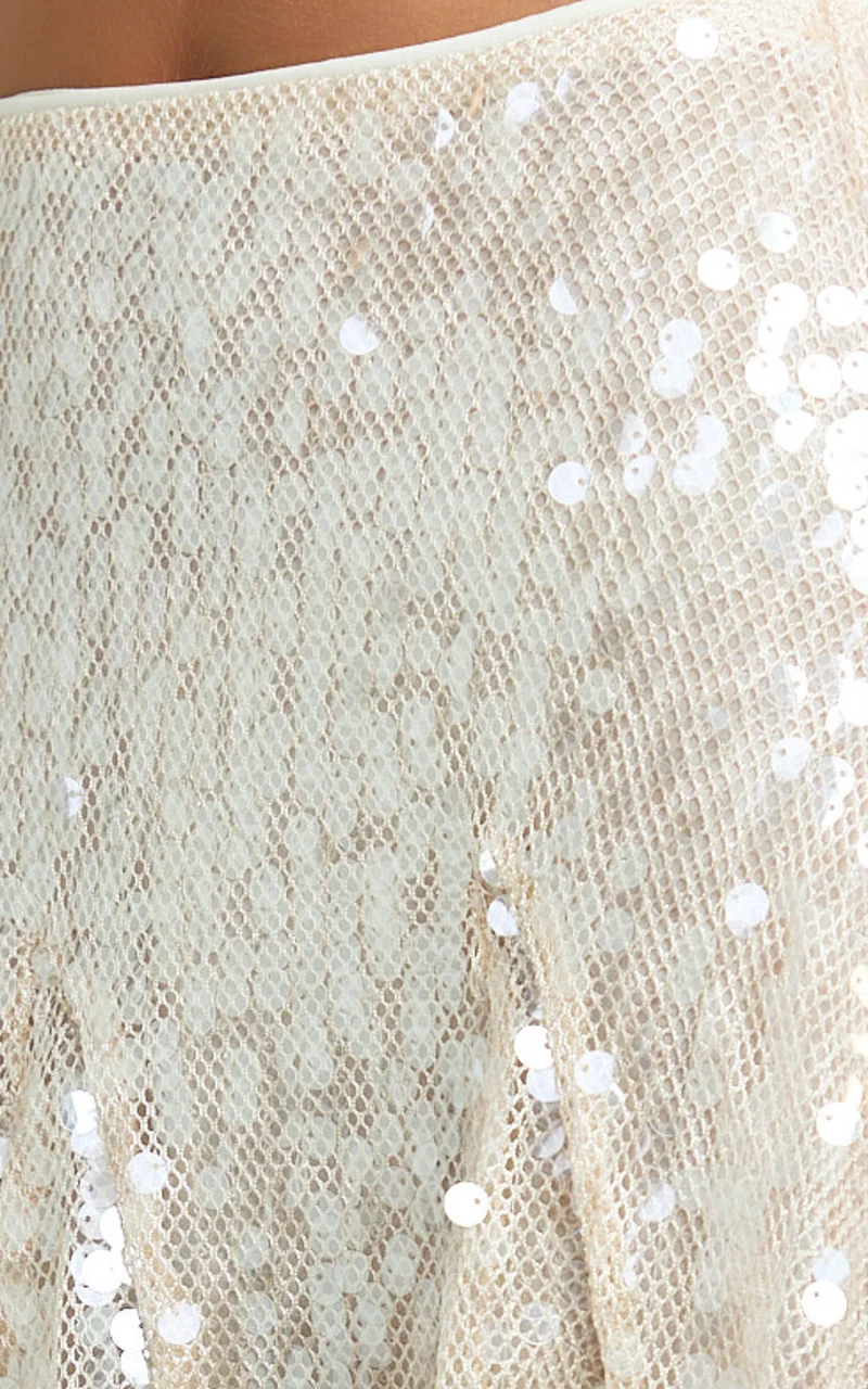 Hansen Mini Skirt - Godet Sequin Skirt in Ivory