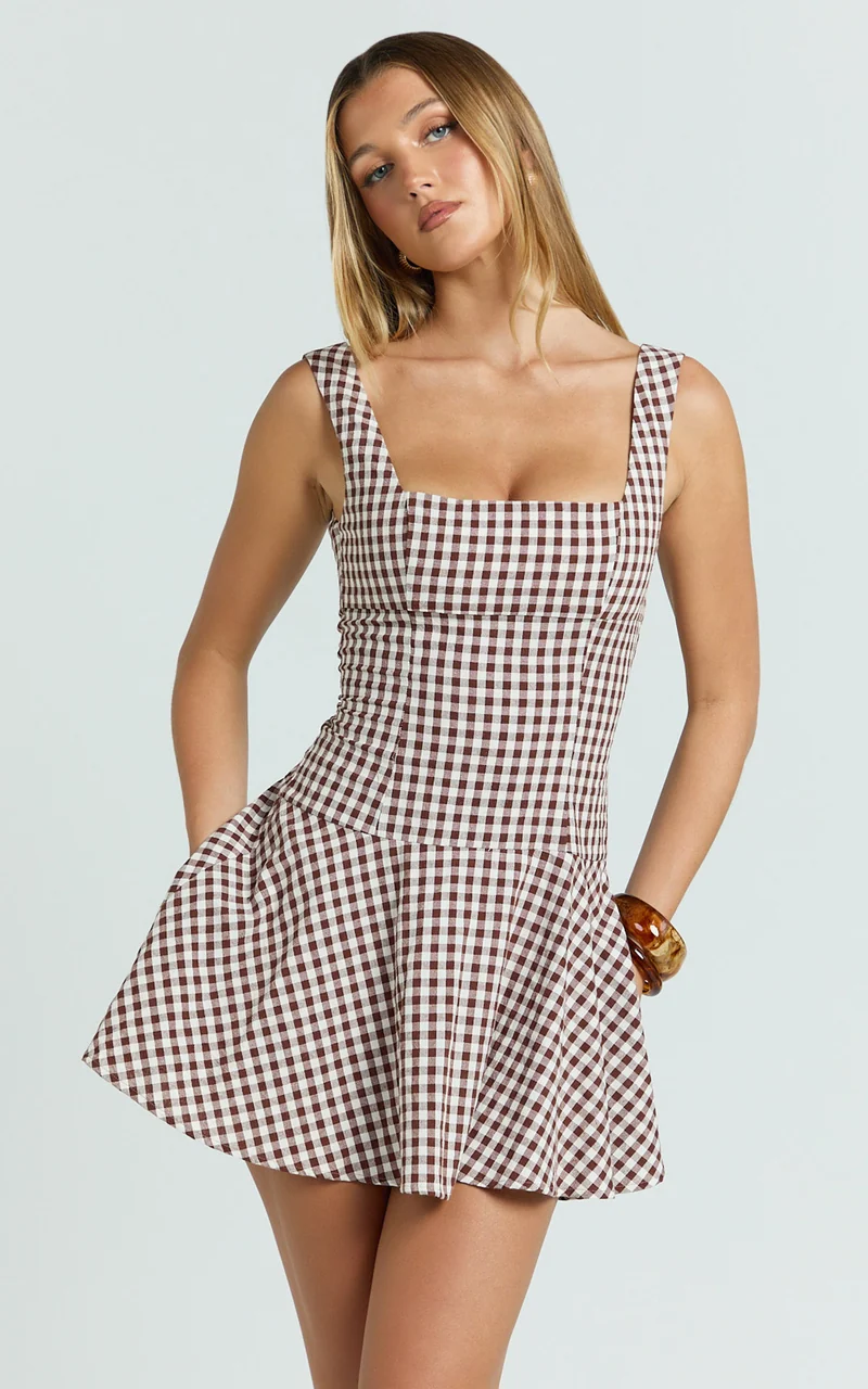 Sophia Mini Dress - Drop Waist Fit And Flare Mini Dress in Chocolate Gingham