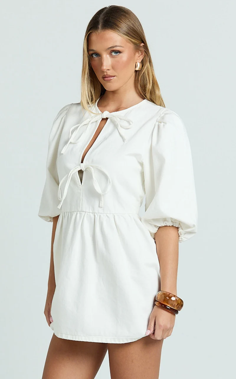 Shailene Mini Dress - Tie Front Puff Sleeve Recycled Denim Dress in Ecru