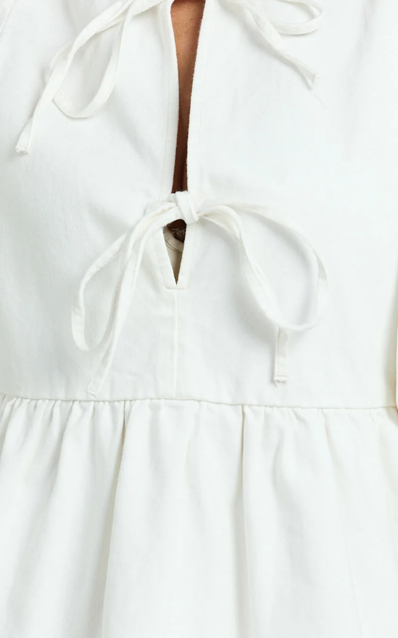 Shailene Mini Dress - Tie Front Puff Sleeve Recycled Denim Dress in Ecru