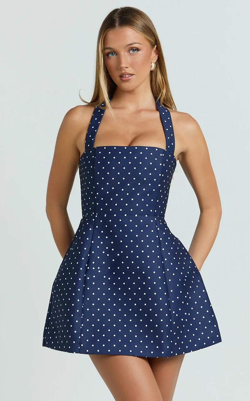 Dante Mini Dress - Halter Neck Tie Tulip Skirt Dress in Navy Polka Dot