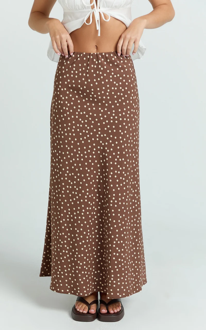 Ruby Maxi Skirt - High Waisted Bias Cut Skirt in Chocolate Polka Dot