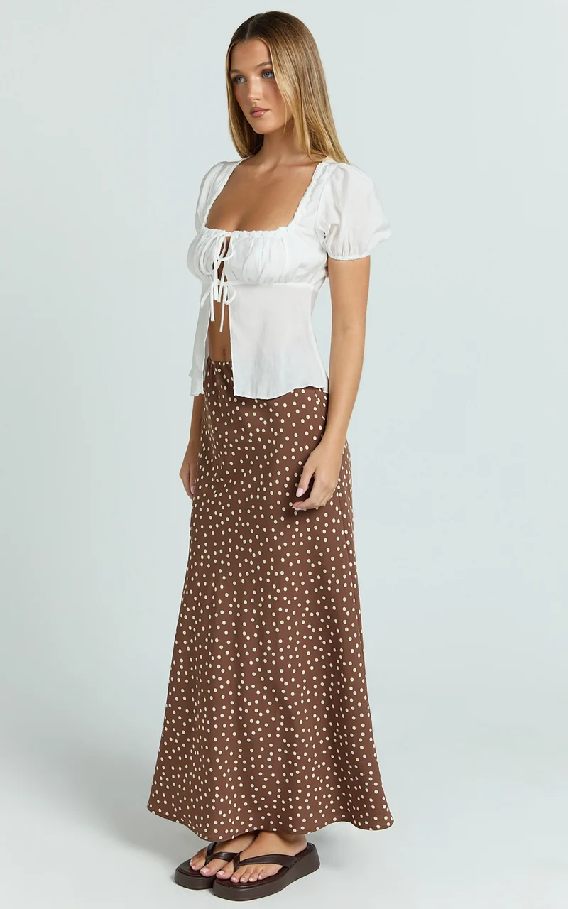 Ruby Maxi Skirt - High Waisted Bias Cut Skirt in Chocolate Polka Dot