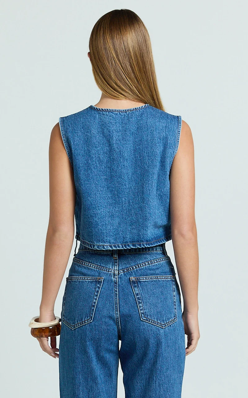 Nathan Top - Button Down Denim Shell Top in Dark Blue