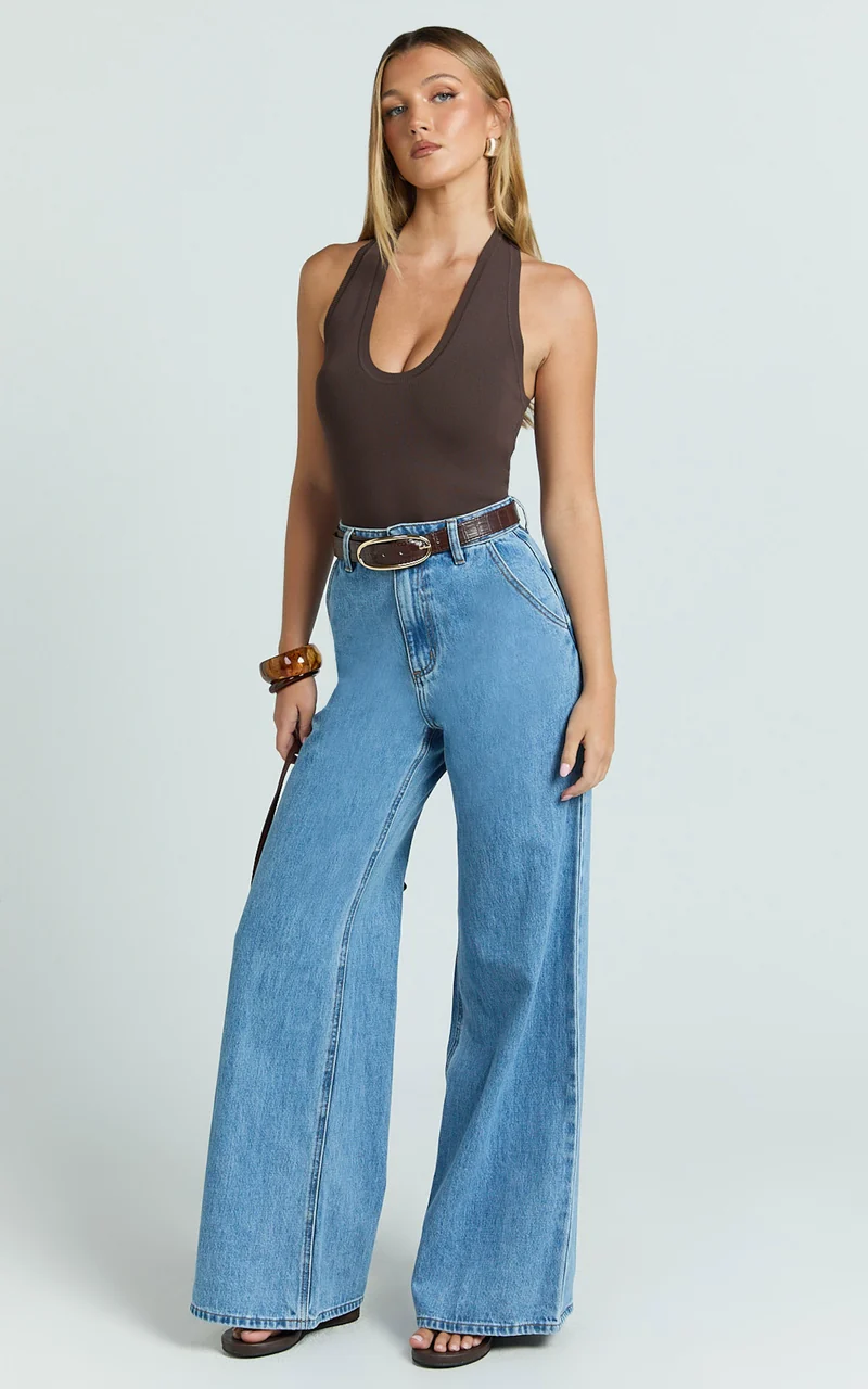 Therese Jeans - High Waist Wide Leg Flare Recycled Denim Jeans in Light Mid